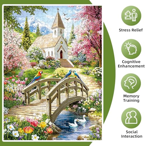 Puzzles for Adults 500 Pieces,Charming Lakeside Church Puzzle for Adults,Beautiful Flower & Parrot Jigsaw Puzzles for Seniors,Puzzles for Family Game Nights & Holiday Party Gifts,20.5x15 in - style: 500P Church