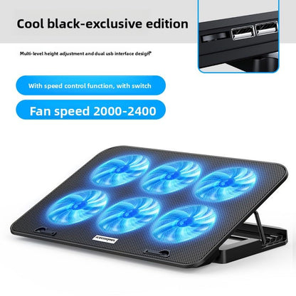 Laptop Cooling Pad 6 Fans RGB LED Adjustable Stand 12-17" Gaming | 6 fans 2400 RPM, RGB lights, adjustable speed, phone holder, metal mesh, dual USB, fits 12-17", 35-70 CFM cooling power - color: Black Premium Edition (with speed control, thicken