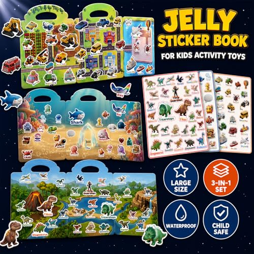 Large Reusable Jelly Sticker Books for Boys 4-8, Kids 3-6, 3 Sets | Dino, Ocean & Vehicle | Large Reusable 3D Puffy Jelly Stickers | Mess-Free Travel Toy | Gift for Boys Ages 3-8 - style: Dinosaur/Ocean/Vehicle