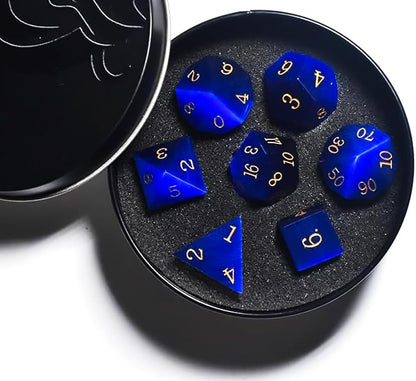 Natural Gemstone DND Dice Set,7 Pcs Blue Cat's Eye Gemstone Handmade Polyhedral D&D Dice with Gift Metal Box for Dungeons and Dragons MTG Role Playing Games (Blue Cat's Eye Gemstone) - color: Blue Cat Eye