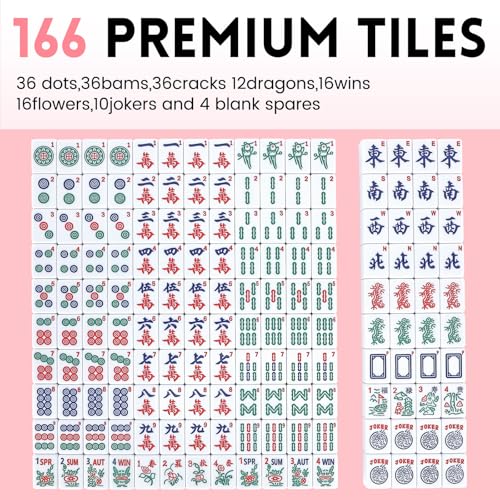Suncle American Mahjong Tile Set X-Large 166 Pink Back Tiles 1.4" Large Size Tile with Carrying Travel Case, English Manual, Pro Complete Mahjongg Game Set - color: Pink Back-1.4inch