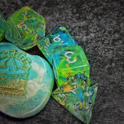 Sage’s Portal Cantrips DND Dice Set - Round Edge Resin 7-PC Polyhedral DND Dice Set for Dungeons and Dragons D&D RPG Tabletop TTRPG (Green/Blue Swirl) - color: Green/Blue Swirl