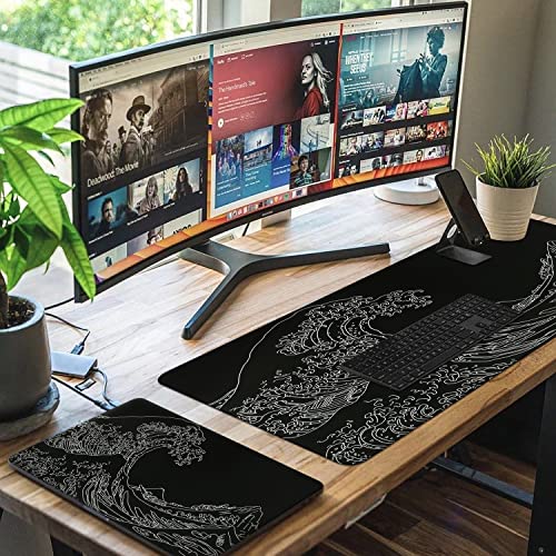 iCasso Mousepad,Gaming Mouse Pad,Black Wave of Kanagawa | Large Desk Mat,Big Rubber Base Mouse Mat with Stitched Edges,Computer Keyboard Desk Pad for Work Office Home - color: Black Wave of Kanagawa
