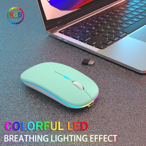 AIKOKOK Wireless Bluetooth Mouse, Rechargeable Dual Mode Mouse, Green | BT 5.2 & 2.4G USB Receiver, 3 Adjustable DPI,LED Lights,Slim,Silent,Portable Computer Mouse for Laptop,PC,MacBook,iPad,Tablet - color: Green