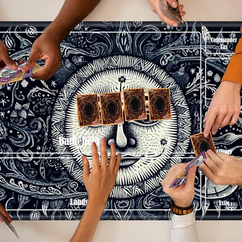 Board Game Mat TCG Playmat Plus 50 Pcs Card Sleeves, 24 x 14 inches Table Mats Games Mousepad with Zones Smooth Surface for MTG RPG CCG Trading Card Game Play Mats, Sun Face - color: Sun Face, size: Zone 1