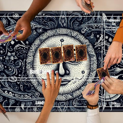 Board Game Mat TCG Playmat Plus 50 Pcs Card Sleeves, 24 x 14 inches Table Mats Games Mousepad with Zones Smooth Surface for MTG RPG CCG Trading Card Game Play Mats, Sun Face - color: Sun Face, size: Zone 1