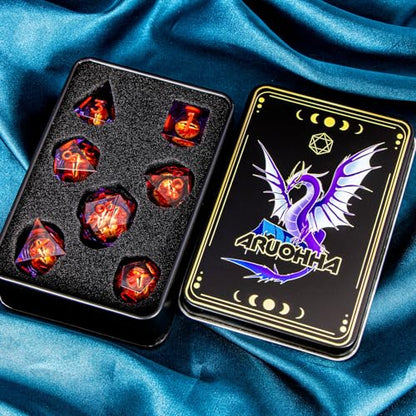 ARUOHHA DND Resin Dice Gazes Eye Dice Purple Red Liquid Core Flaming RPG Sharp Edged Dice Set with Gift Box, Polyhedral D and D Dice Set Compatible with Dungeons Dragons Role Playing Game D20 D6 - color: Sl01-purple Red