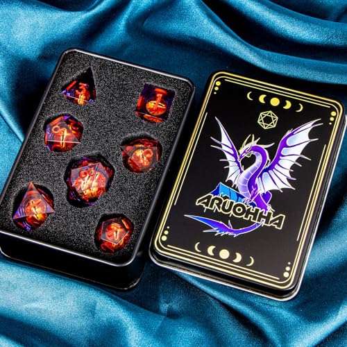 ARUOHHA DND Resin Dice Gazes Eye Dice Purple Red Liquid Core Flaming RPG Sharp Edged Dice Set with Gift Box, Polyhedral D and D Dice Set Compatible with Dungeons Dragons Role Playing Game D20 D6 - color: Sl01-purple Red