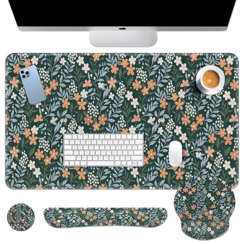 Britimes Green Florals Keyboard Mouse Pad Set Vintage Flower 4in1 Large Mousepad+Keyboard Wrist Rest+Mouse Wrist Rest+Coaster Ergonomic Design for Home Office Computer 35.4x15.7 inches - color: Green Florals