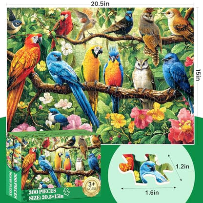 300 Piece Puzzle for Adults,Jungle Parrots Jigsaw Puzzles Adults Kids Seniors,Large Piece Animal Puzzle for Kids Ages 8-10 10-12,Bird Flower Puzzles Letters on Back,Unique Puzzles Great Gift,20.5*15in - style: Flower Birds