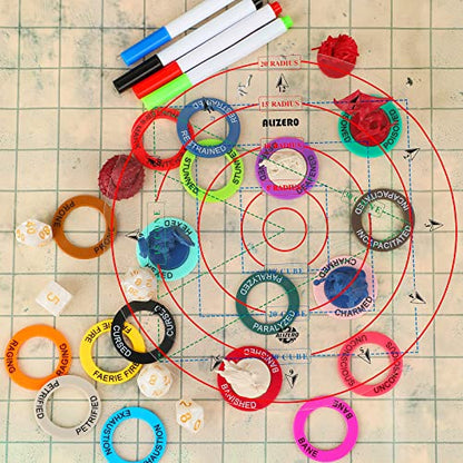 ALIZERO Tabletop RPG DND Condition Markers Set and Spell AOE Damage Marker D&D Area Effect Template, with 96 DND Status Effect Markers in 24 Frequently Used Conditions