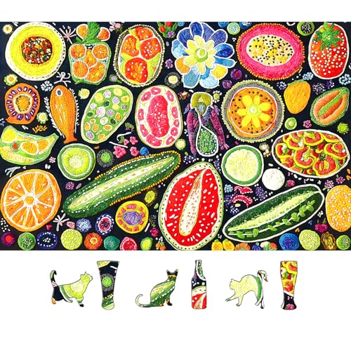 Colorful Fruits and Vegetables Jigsaw Puzzles 500 Pieces for Adults - Vibrant Whimsical Food Collage Art Puzzle with with Letters on Back 500 Piece Challenging Puzzle for Seniors(23''X15'') - color: Colorful-colorful Fruits