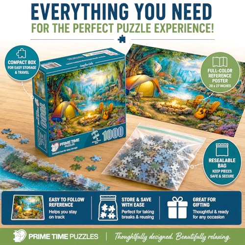1000 Piece Jigsaw Puzzle for Adults - Tent Camping by the River - Challenging Puzzle Perfect for Game Nights - 1000 Piece for Adults. 20x27 inches - Hiking and camping in the mountains - Campfire Calm - color: Campfire Calm