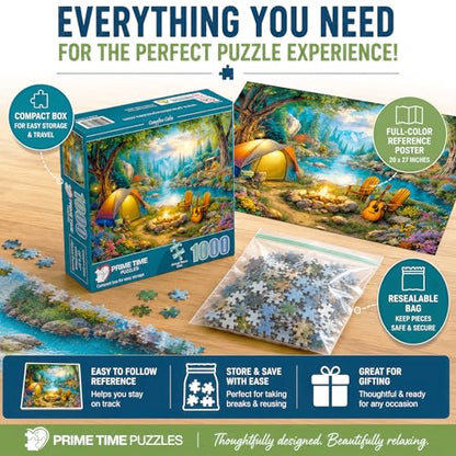 1000 Piece Jigsaw Puzzle for Adults - Tent Camping by the River - Challenging Puzzle Perfect for Game Nights - 1000 Piece for Adults. 20x27 inches - Hiking and camping in the mountains - Campfire Calm - color: Campfire Calm