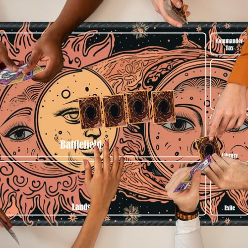 Board Game Mat TCG Playmat Plus 50 Pcs Card Sleeves, 24 x 14 inches Table Mats Games Mousepad with Zones Smooth Surface for MTG RPG CCG Trading Card Game Play Mats, Faces of Sun and Moon - color: Faces of Sun and Moon, size: Zone 1