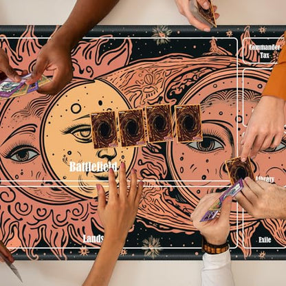 Board Game Mat TCG Playmat Plus 50 Pcs Card Sleeves, 24 x 14 inches Table Mats Games Mousepad with Zones Smooth Surface for MTG RPG CCG Trading Card Game Play Mats, Faces of Sun and Moon - color: Faces of Sun and Moon, size: Zone 1