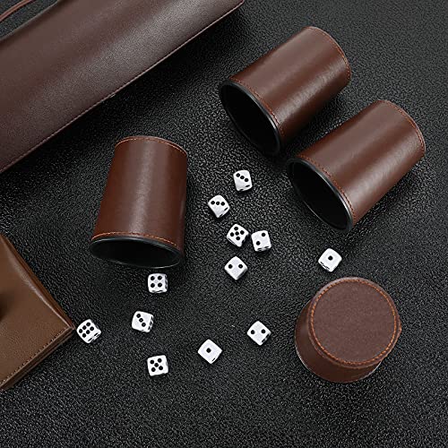 2-Pack Leather Dice Cup Set, 10 Brown Cups, 50 Dice with 2 Storage Cases | PU leather dice set with 5 felt-lined cups, 25 dice and storage case for Liar’s Dice, craps, backgammon and party games - color: Brown X2