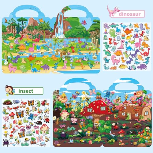 Kalysky 6 Set (260pcs) Reusable Sticker Books for Toddlers 1-3 2-4, Kids 3D Puffy Stickers (Dinosaurs, Forest, Town, Pets, Construction, Insects), Sticker Activity Books - color: 6 Set -Dinosaurs/Forest/Town/Pets/Construction/Insects