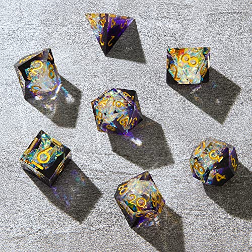 Sharp Edge DND Dice Set Handmade 7 Accessories Dice for Dungeons and Dragons TTRPG Games, Multi-Sided RPG Polyhedral Resin Sharp Edge Dice Roleplaying Games - color: Sequin Purple