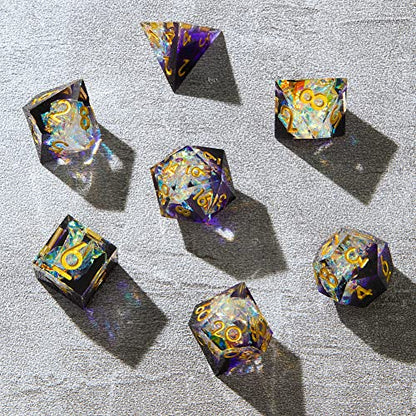 Sharp Edge DND Dice Set Handmade 7 Accessories Dice for Dungeons and Dragons TTRPG Games, Multi-Sided RPG Polyhedral Resin Sharp Edge Dice Roleplaying Games - color: Sequin Purple