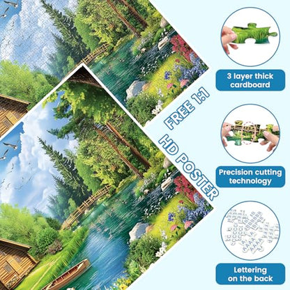 1000 Piece Puzzles for Adults, Spring and Summer Landscape Jigsaw Puzzle, Wooden House and Dog Jigsaw Puzzles 1000 Pieces, Challenging Game Home Decor Birthday Party Gift Toy for Adults Kids Seniors - style: Summer Landscape