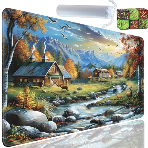Playmat for MTG, 24x14 Inches Playmats, for TCG and CCG Trading Card Game Mat, Non-Slip Rubber for MTG Playmats with A Storage Bag and 6 Dice Set, Beautiful Towns Pattern - color: Yu-Playmat-1-D109