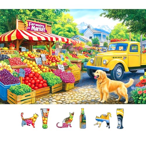 Farmers Market Jigsaw Puzzle 500 Pieces for Adults Colorful Fruits Vegetables Puzzles with Letters on Back Vibrant Cozy Countryside Scene Fun Family Puzzle for Seniors - color: Colorful Fruits