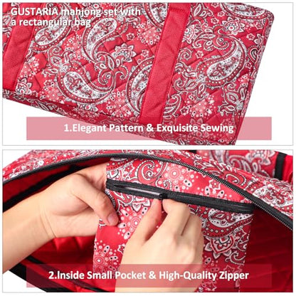 American Mahjong Game Set, 166 White Tiles, 4 All-in-One Color Rack/Pushers, Complete Mahjong Tile Set Red Printed Carrying Bag - color: Red