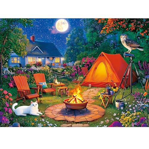 300 Pieces Puzzles for Adults,Moonlight Backyard Camping Puzzle,300 Pieces Puzzle for Adults Large Piece,Cute Cat Jigsaw Puzzles for Kids Ages 8-10,Gifts for Christmas Family Games Lovers 20.5 x 15 in - style: Backyard