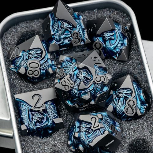 Roycevon Relief Dragon DND Dice Set for Role Playing Game, 7Pcs Metal D&D Dice Set Dungeons Dragons with Gift Box, Polyhedral D and D Dice D20 D12 D10 D8 D6 D4, Blue and Black - color: Blue and Black