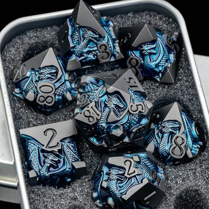 Roycevon Relief Dragon DND Dice Set for Role Playing Game, 7Pcs Metal D&D Dice Set Dungeons Dragons with Gift Box, Polyhedral D and D Dice D20 D12 D10 D8 D6 D4, Blue and Black - color: Blue and Black