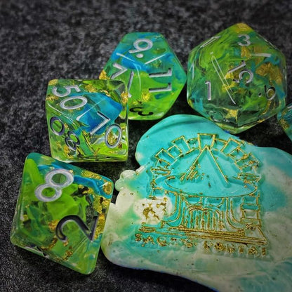 Sage’s Portal Cantrips DND Dice Set - Round Edge Resin 7-PC Polyhedral DND Dice Set for Dungeons and Dragons D&D RPG Tabletop TTRPG (Green/Blue Swirl) - color: Green/Blue Swirl