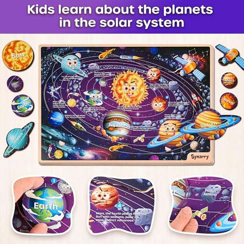 SYNARRY Large USA World Solar System Wooden Puzzles for Kids Ages 4-6, Wood Jigsaw Puzzles Educational Games Toys Gifts for Toddlers, Learning United States World Space Maps for Boys Girls Ages 3-8 - style: USA World Solar System