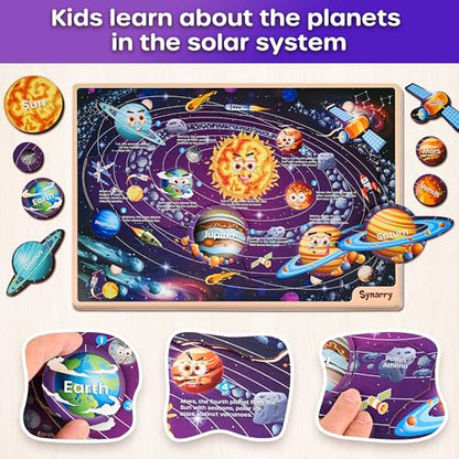 SYNARRY Large USA World Solar System Wooden Puzzles for Kids Ages 4-6, Wood Jigsaw Puzzles Educational Games Toys Gifts for Toddlers, Learning United States World Space Maps for Boys Girls Ages 3-8 - style: USA World Solar System