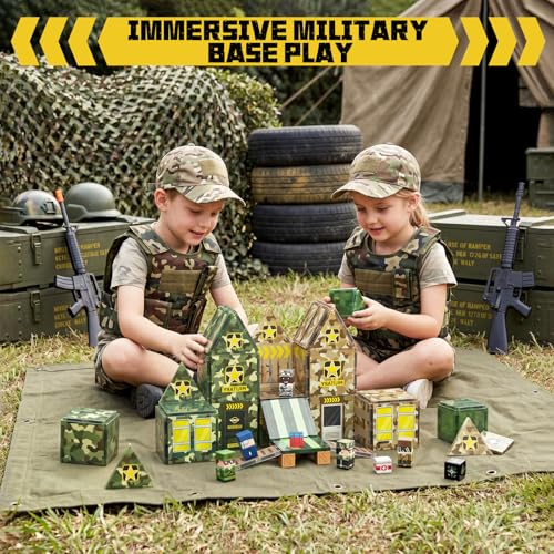 Bmag 109 PCS Military Magnetic Tiles Set, Army STEM Building Toys, Camo Printed Construction Blocks, Educational Play Gifts for Boys Girls Ages 3-12 - size: 109PCS