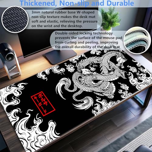 Japanese Black White Dragon Desk Mat, XL Large Gaming Mouse Pad | Aesthetic traditional tattoo line art desk pad with premium 3mm thickness, seamless glides, and non-slip rubber base. - color: Dragon