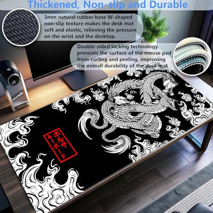 Japanese Black White Dragon Desk Mat, XL Large Gaming Mouse Pad | Aesthetic traditional tattoo line art desk pad with premium 3mm thickness, seamless glides, and non-slip rubber base. - color: Dragon