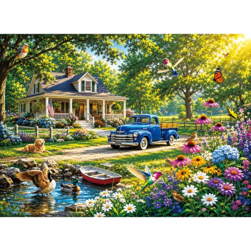 Jigsaw Puzzle 500 Pieces for Adults,Fantasy Cottage Garden Landscape Puzzle | Peaceful Country House Puzzle with Truck,Dog,Birds and Flowers,Letter Clues 1:1 Poster,Fun Gift for Puzzle Lovers 20.5x15 in - color: Flowers Market
