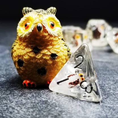 Sage's Portal Animal Familiars Resin DND Dice Set Polyhedral Dice Set for Dungeons and Dragons RPG Pathfinder Tabletop TTRPG (Owl) - color: Baby Owl Familiar, style: Dice Set Only