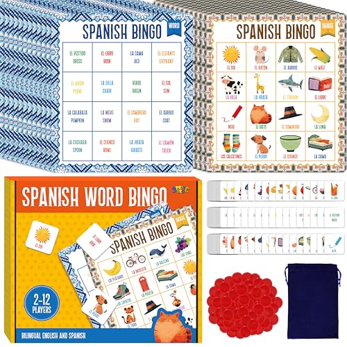 SpriteGru Spanish Bingo Game, 12 Vocabulary Bingo Board Game Bilingual Word Learning Educational Toys for Words Learning - Ages 5 and up (Up to 12 Players) - style: Spanish Bingo Game