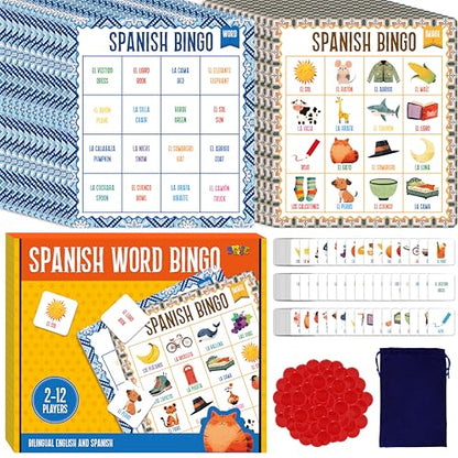 SpriteGru Spanish Bingo Game, 12 Vocabulary Bingo Board Game Bilingual Word Learning Educational Toys for Words Learning - Ages 5 and up (Up to 12 Players) - style: Spanish Bingo Game