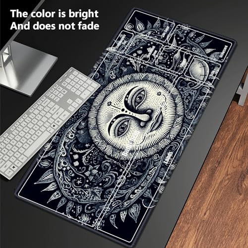Board Game Mat TCG Playmat Plus 50 Pcs Card Sleeves, 24 x 14 inches Table Mats Games Mousepad with Zones Smooth Surface for MTG RPG CCG Trading Card Game Play Mats, Sun Face - color: Sun Face, size: Zone 1