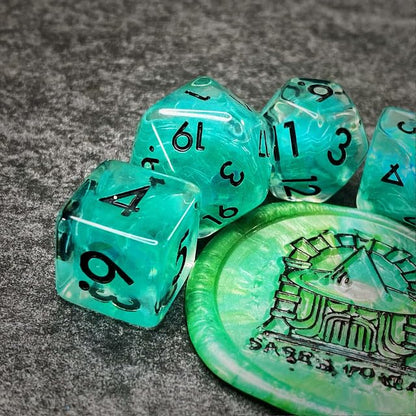 Sage’s Portal Cantrips DND Dice Set - Round Edge Resin 7-PC Polyhedral DND Dice Set for Dungeons and Dragons D&D RPG Tabletop TTRPG (Teal Flakes) - color: Teal Flakes