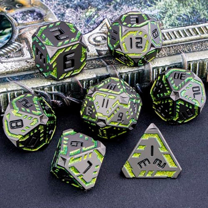 Metal DND Sci-fi Dice Set 7PCS Stripe Polyhedral Dice for Dungeons Dragons RPG Role Playing Game, Glitter D and D Dice with Gift Box D6 D8 D10 D12 D20 (Black&Green Yellow) - color: Black - Yellow Green