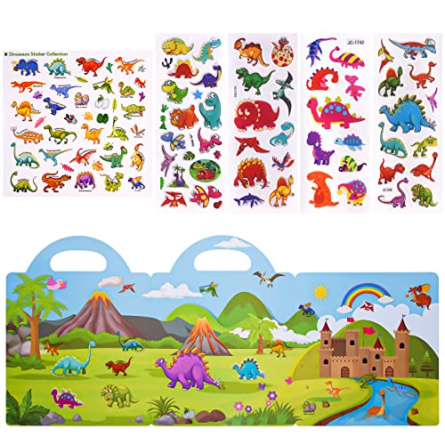ASTARON Reusable Sticker Book for Toddlers, 88 Pcs Dinosaur Stickers Road Trip Activities Car Airplane Activities Travel Toys for Kids, Kids Quiet Time Activities (2-6 Age) - style: Dinosaurs