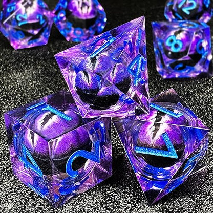 HAOMEJA Resin Dragon Eye DND Dice Set D&D 7 Pcs Resin Sharp Edge Role Playing Dice with Bag, Polyhedral Dungeons and Dragons Dice D20 D12 D10 D100 D8 D6 D4 (Purple & Eye Purple) - color: 7 Eye Purple & Purple