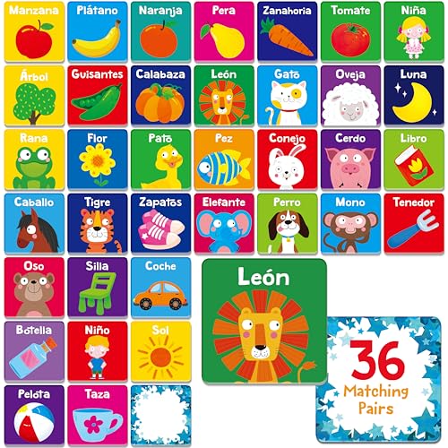 Hebayy Spanish Memory Matching Game, 72 PCS First Words Matching Cards for Toddlers, 36 Pairs Memory Cards Educational Toys Preschool Spanish Learning Activities for 4 5 6 Years Old - style: Cartoon Animals (Spanish version)