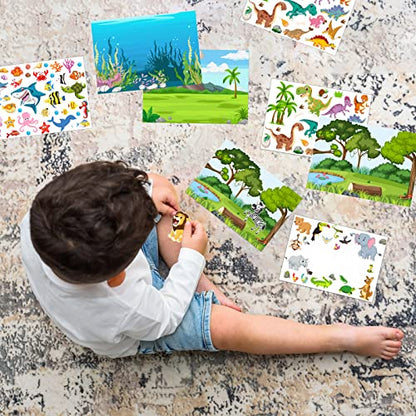 Make a Scene Stickers for Kids, 32 Sheets Reusable Animal Sticker Book | Jungle Farm Dinosaur Mix and Match, DIY Toddler Activity, Birthday Party Favor