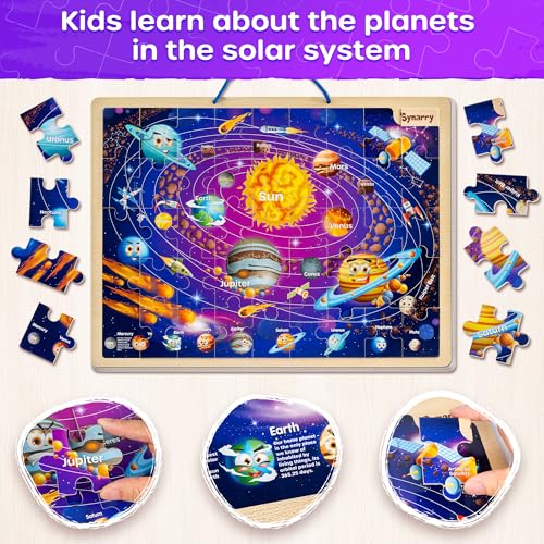SYNARRY Large USA World Solar System Wooden Magnetic Puzzles for Kids Ages 4-6, Wood Puzzles Educational Games Toys Easter Gifts for Toddlers, United States World Space Map for Boys Girls Ages 3-5 4-8 - style: Magnetic USA World Solar System