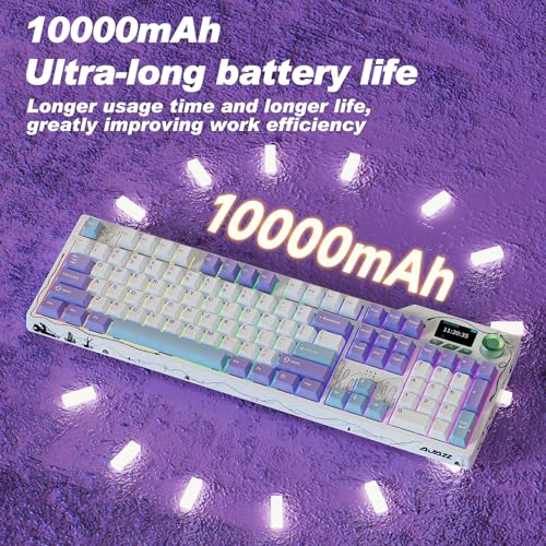 Ajazz AK35I V4 Full Size Wireless Mechanical Keyboard with 1.14" Color Screen & Knob, Tri-Mode Gasket Hot Swappable Gaming Keyboard, 10000mAh Battery, RGB, Purple - color: Purple White